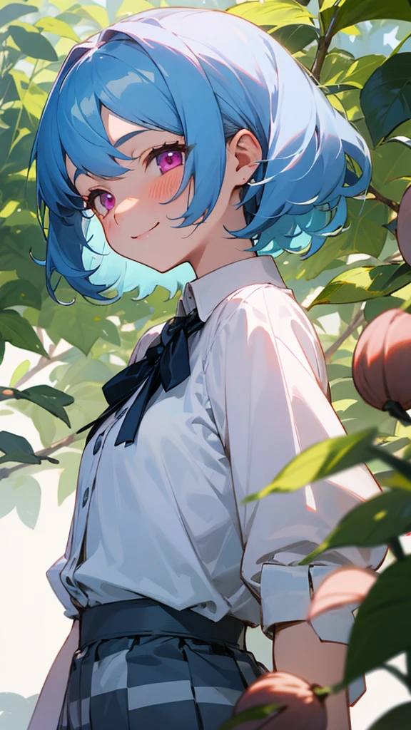 1 girl、Light blue hair、Pink Eyes、smile、blush、Small breasts、From the side、A lot of acorns、white blouse shirt、Checked mini skirt、Upper body close-up