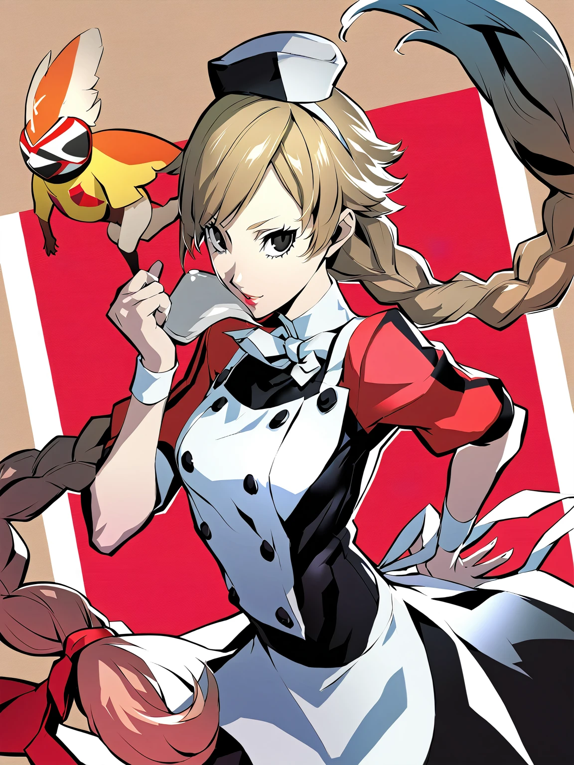 beautiful girl, long braids, light brown hair, black eyes, teen, Persona5 character, Taiga Asaki chef-d&#39;œuvre, meilleure qualité, pose dynamic, pretty, lavender color, side bangs, idol