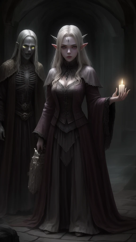 Beautiful pale half-elf necromancer woman with light blond hair and silver eyes who looks like Anya Taylor-Joy standing in a necromancer crypt  with a zombie prepared for a ritual, he is covered in mystic signs 