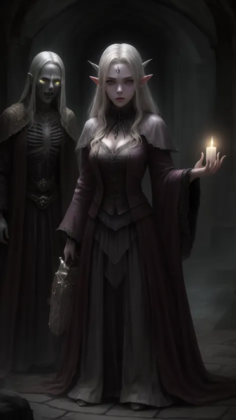 beautiful pale half-elf necromancer woman with light blond hair and silver eyes who looks like anya taylor-joy standing in a nec...