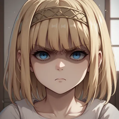 score_9, score_8_up, score_7_up, ymir fritz,1girl, solo, hairband, blonde hair, bangs, blue eyes, medium hair,shaded face,white ...