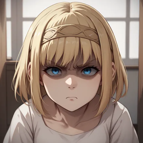 score_9, score_8_up, score_7_up, ymir fritz,1girl, solo, hairband, blonde hair, bangs, blue eyes, medium hair,shaded face,white ...