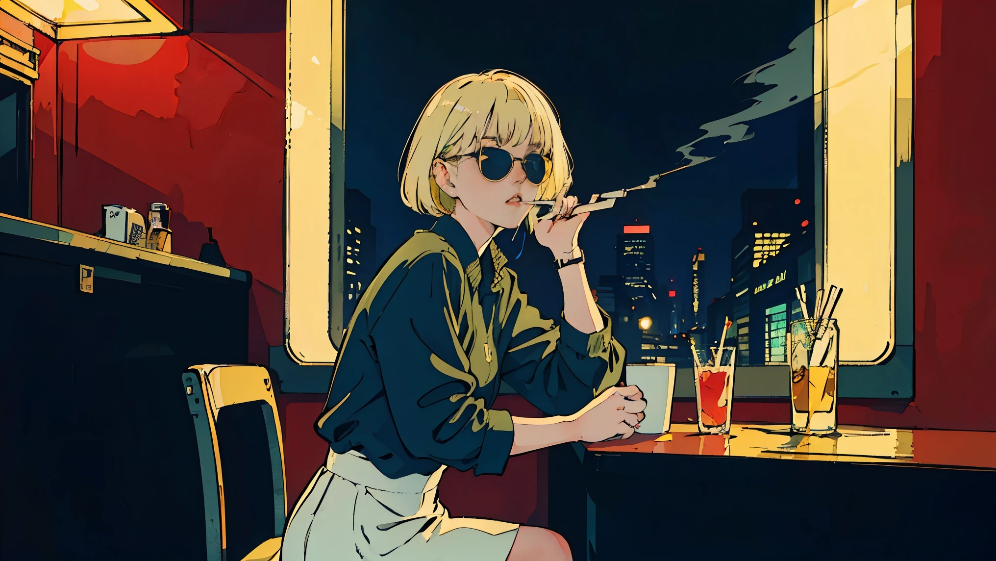 Beautiful blonde Asian girl sitting in a diner at night, visible from the window, perfect face, sunglasses, Smoking white Taylormade cigarettes, neon black, (with backlight: 1.1), hard shadow, masterpiece, highest quality, Complex, model shooting style, vintage, film grain, incomplete details