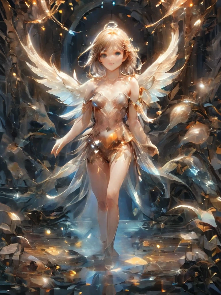 Faye, Full-length portrait of a girl,((Beautiful young girl with swan wings))、A perfect smile、 In a secret hideout, The enchanting garden invites you, Delicate flowers that give off a magical feeling, Makes objects made of Lal Amber appear transparent, Intricate details, Abstract, Whimsical,  