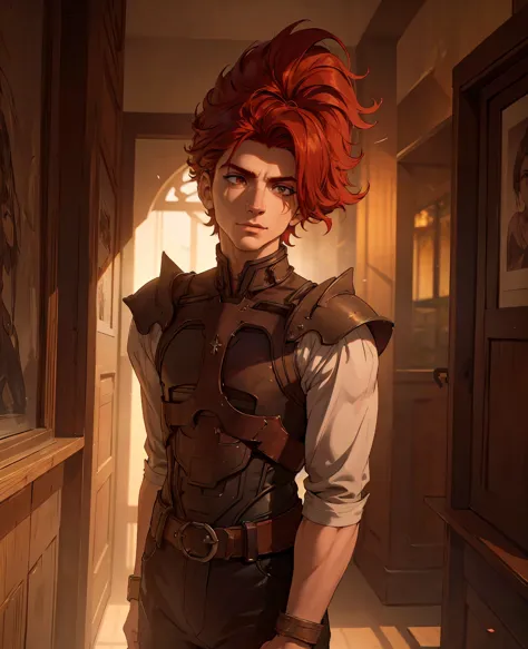 a man with bright red hair, cinematic lighting, dramatic pose, hyper realistic, oil painting, intricate details, chiaroscuro, mo...