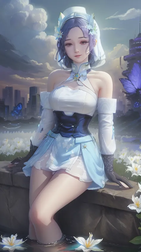 ((high quality)), ((masterpiece)), landscape 
in a field of flowers, white lilies, with a flooded city in the background, a whit...