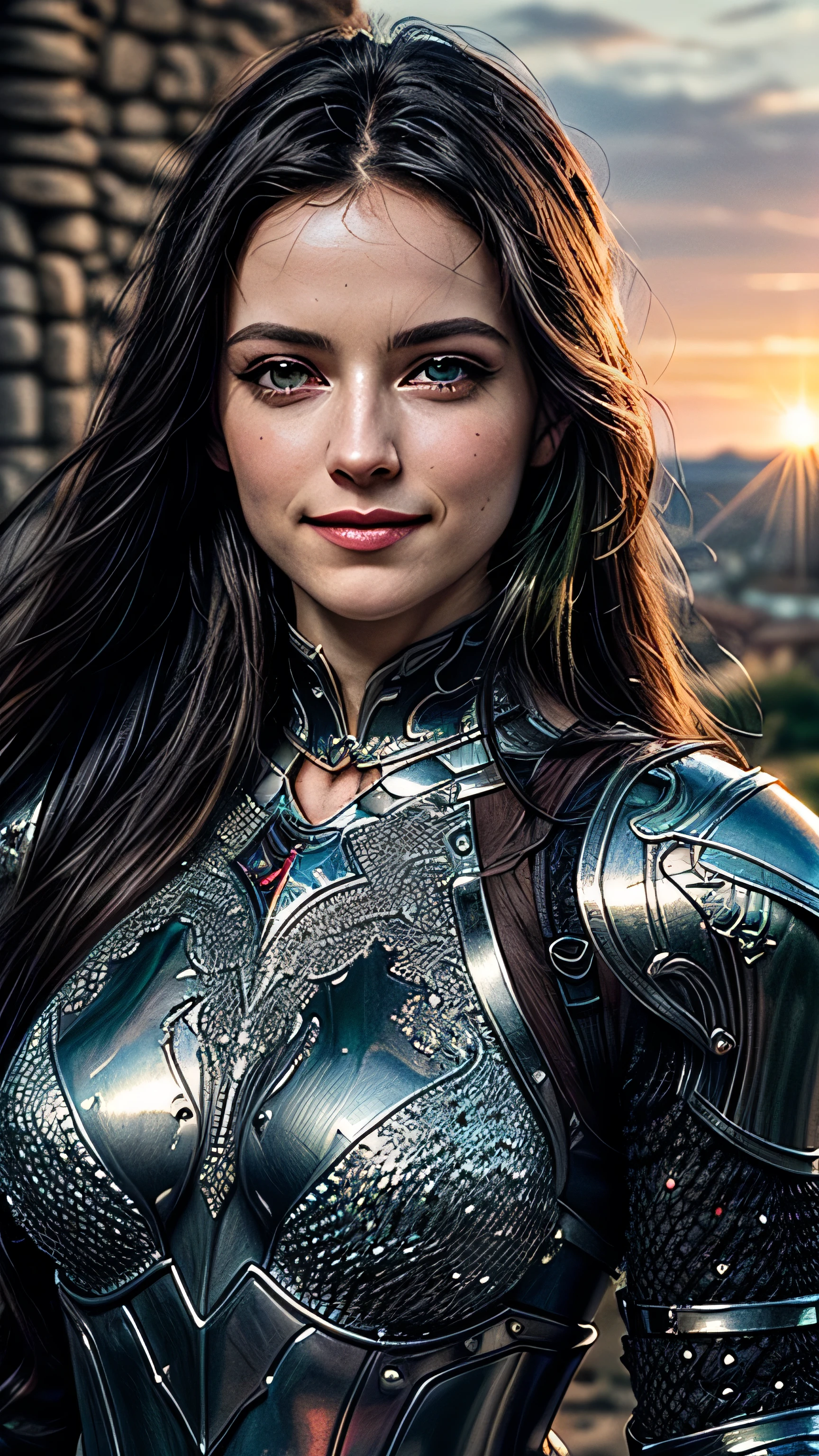 (masterpiece, photorealistic:1.4, extremely intricate:1.3), (photon mapping, radiosity, physically based rendering, ultra resolution, hyper-realistic, photorealistic:1.4, hyper-realistic, 8K), portrait of a muscular girl, ((Sumptuous armor from the late Renaissance, black chrome perfectchainmail armor:1.4, (long eyelashes), clear green eyes, smiling)), metal reflections, upper body, portrait, outdoors, intense sunlight, far away castle, professional photograph of a stunning woman, (long straight black hair, blowing, dynamic pose), sharp focus, dramatic, award winning, cinematic lighting, (film grain, bokeh, interaction, sunrise)
