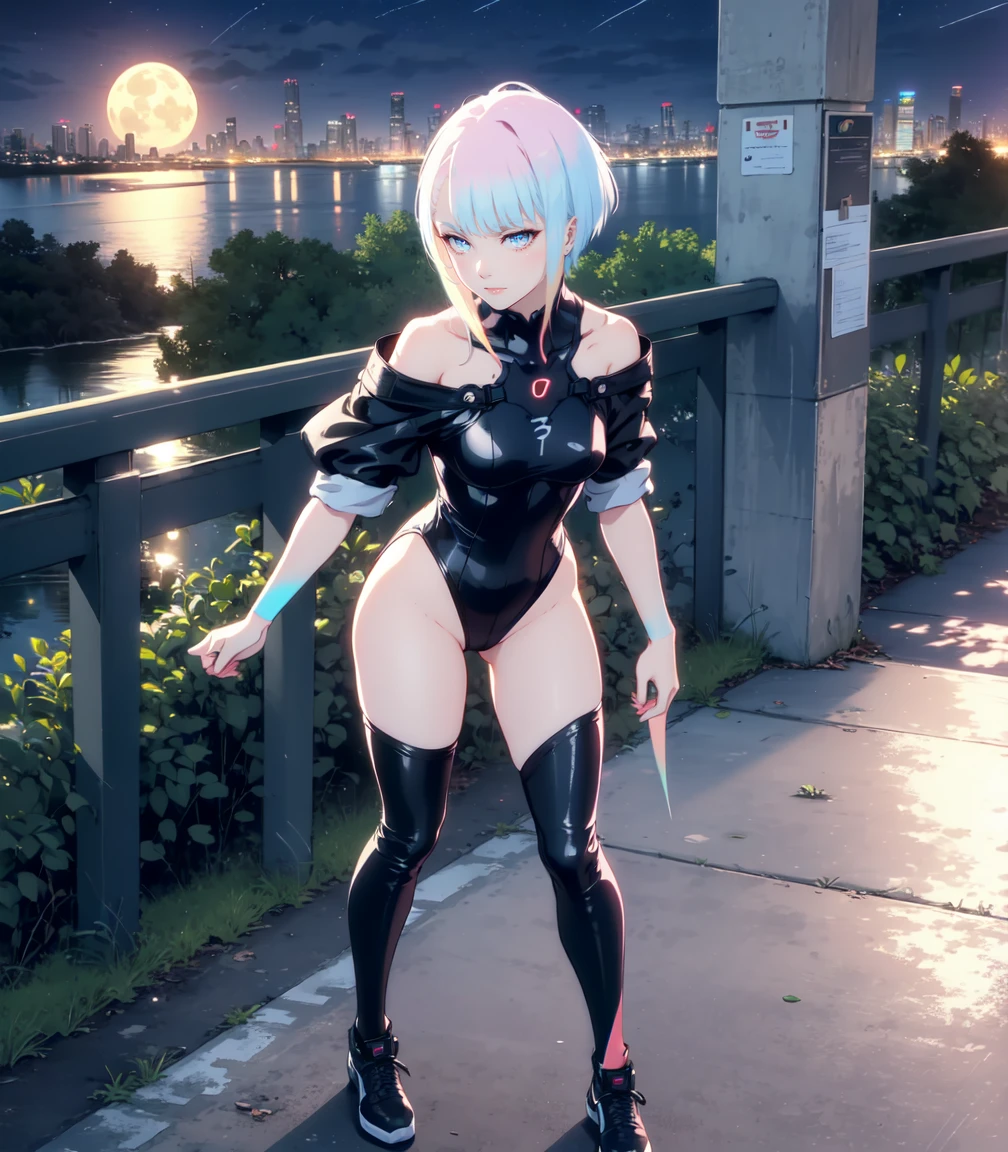 Masterpiece, best quality, 16k resolution, NVIDIA RTX Ray Tracing technology, Create a 4K resolution, ultra-realistic, and extremely detailed artwork, award winning, retina, soft light, sharp focus.(hyper-realistic:1.4),  (full body:1.5), (Night, night time:1.4), from above

cyberpunklucy, lucy, short hair, bangs, blue eyes, blue hair, multicolored hair, makeup, (multicolored eyes:1.3), smile, model pose, modeling

BREAK bare hips, bodysuit, leotard, monowire, off shoulder, off-shoulder open clothes, MIDRIFF

BREAK outdoors, city, moon, night, sky, clouds,

sexy, Sexy, smooth perfect skin, smooth_skin

Beautiful、(red blush)、Sexy

FULL BODY SHOT, ultra wide angle, textured skin, face detail, clean skin, perfect hands, perfect anatomy, anatomically correct,

(Realistic park:1.3)