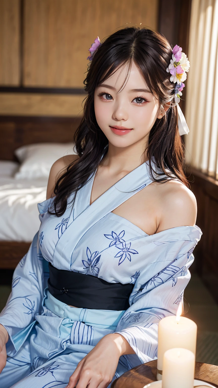 (One girl), Very cute face, Great face and eyes, (Highly detailed eyes, Highly detailed face), Fresh, Very beautiful appearance, (超Realisticな, High resolution), (Highest quality:1.4), RAW Photos, (Realistic, Photorealistic:1.37), Professional photography, (Floral Yukata:1.25), (Surprisingly large:1.1), (Open yukata), (Bare shoulders), Smile a little, (Look at me), Bedroom, Flower Screen, relax, (Bedroomは真っ暗だ:1.6), (The brightness of one candle:1.5), Focus on the girl,