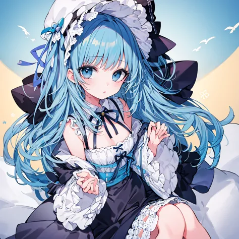 ((highest quality)), ((masterpiece)), (detailed), one girl, pastel, above the chest, lolita fashion, light blue hair