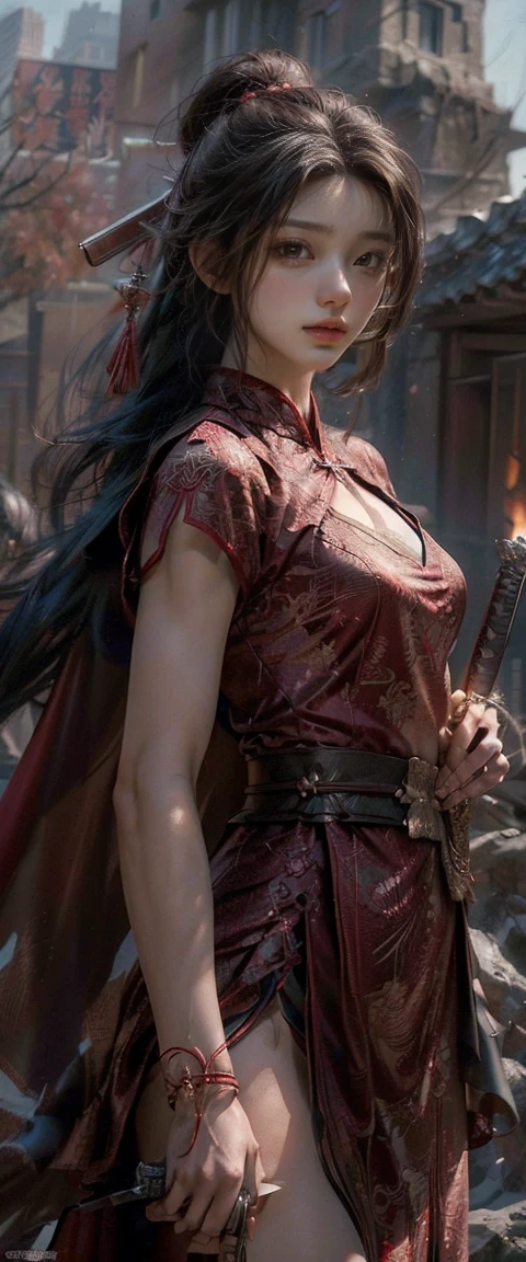 ((Masterpiece, Superior quality, high resolution, photorealistic, RAW, 8K Wallpaper)), A swordswoman dressed as a Chinese., Hero of the Three Kingdoms, (A large sword is held in both hands.), She has long black hair tied back., He wears iron armor and a red cape.., Surrounded by enemy soldiers with a burning city in the background.,