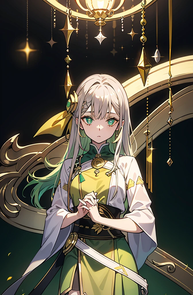 Greenish-yellow hair，Yellow-green pupils，White clothes with green and yellow are embellished with gold and silver ornaments，She is a natural cute girl,conversation room,