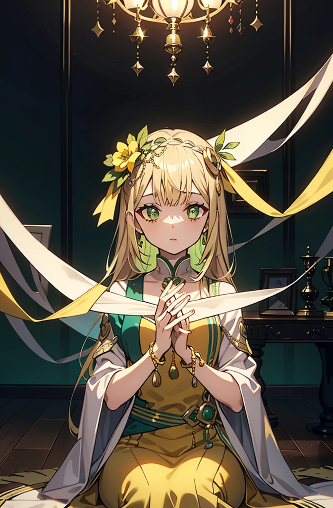 Greenish-yellow hair，Yellow-green pupils，White clothes with green and yellow are embellished with gold and silver ornaments，She is a natural cute girl,conversation room,