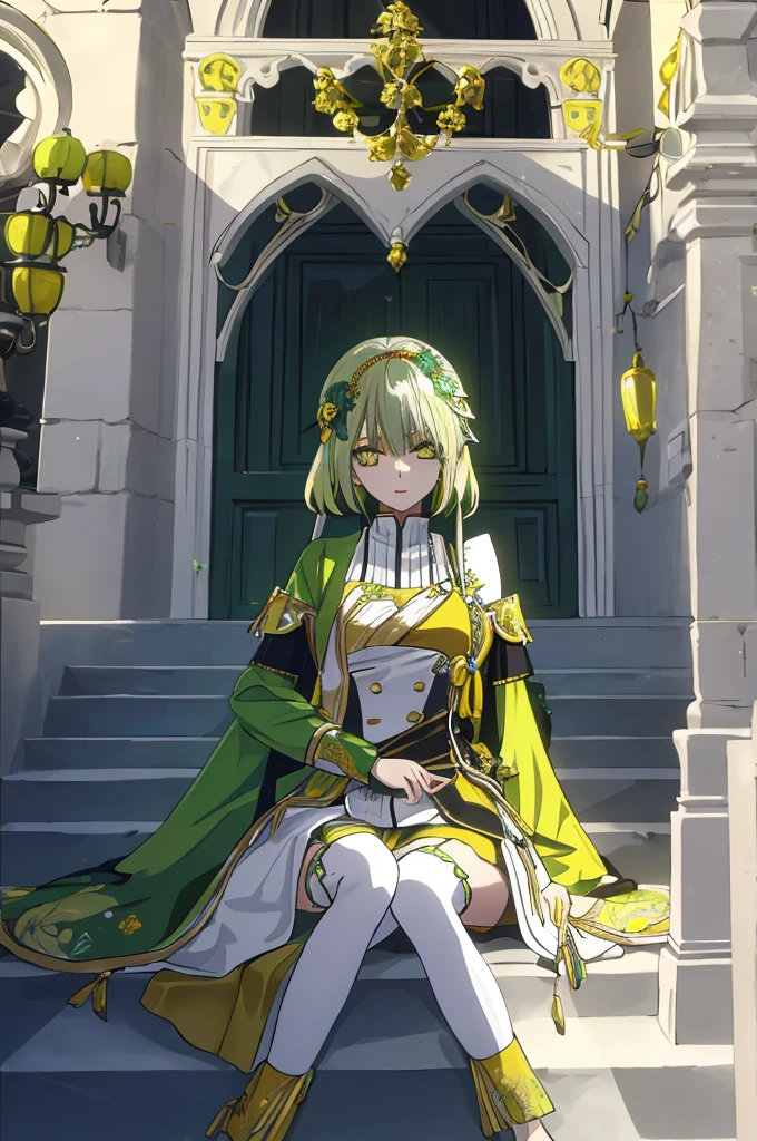 greenish-yellow hair，Yellow-green pupils，Green and yellow white clothes are decorated with gold and silver ornaments，She is a natural cute girl