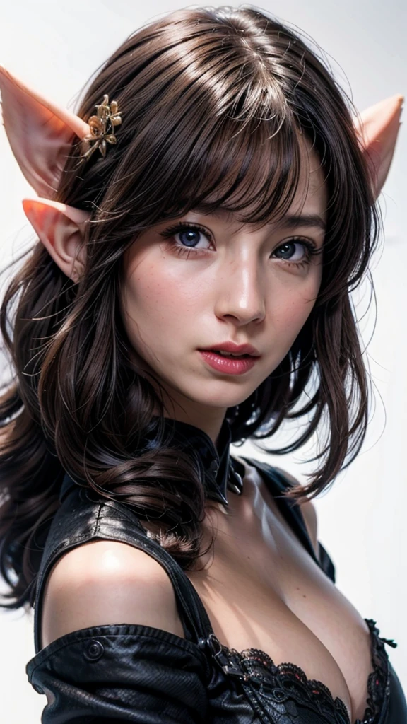 ((Beautiful Face:1.4)), (Purelos Face_v1: 1.0), Half Body,((White simple background)),Super detailed beautiful elf girl 30 years old. ((Ultra-high resolution:1.2)), 4K, 8K, Cinematic,(Natural big breasts:1.4)