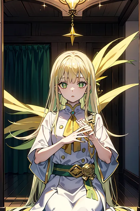 Greenish-yellow hair，Yellow-green pupils，White clothes with green and yellow are embellished with gold and silver ornaments，She ...