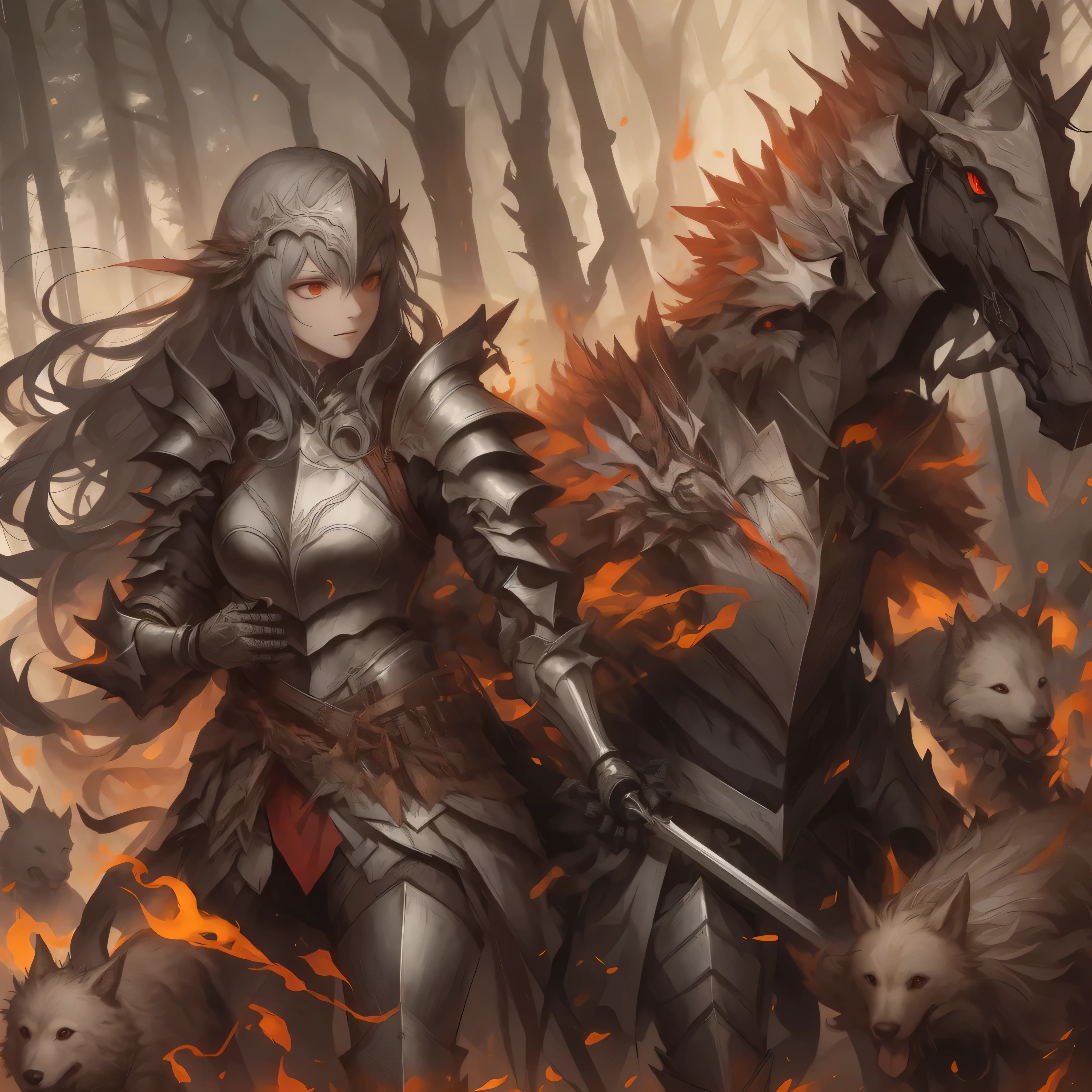 Women + wearing silver knight armor + carrying a manodoble + accompanied by a dog in armor+ Red eyes + long hair + destroyed forest background