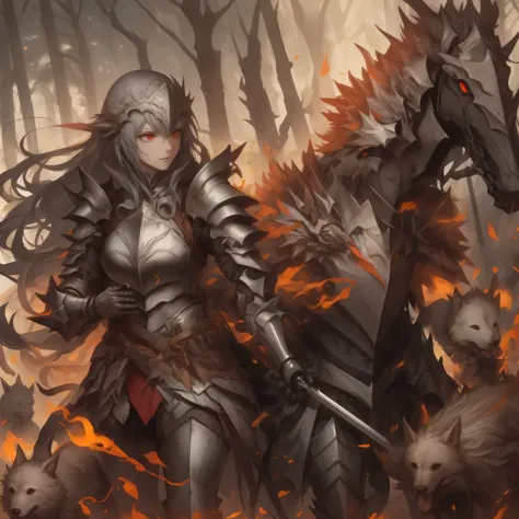 Women + wearing silver knight armor + carrying a manodoble + accompanied by a dog in armor+ Red eyes + long hair + destroyed for...