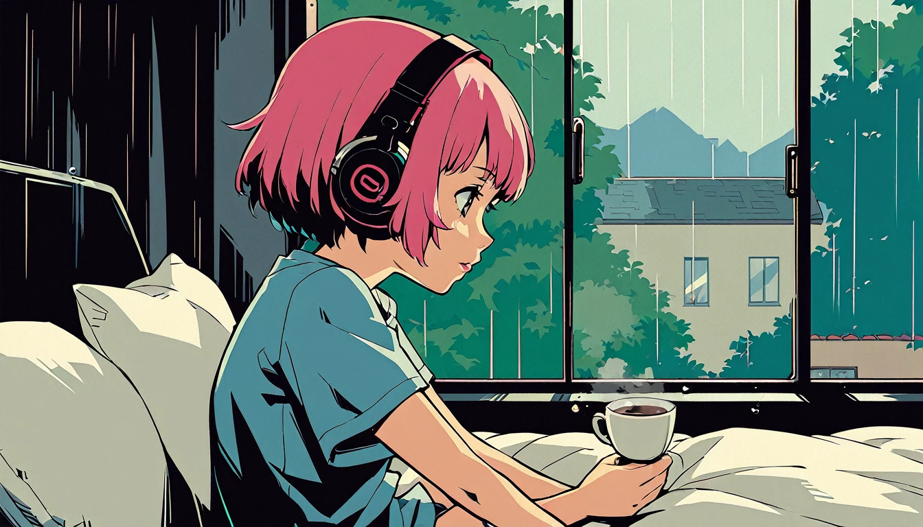 Chanson de Lofi, Assis sur le lit. en regardant la fenêtre, prendre un café. écouter de la musique avec des écouteurs, en regardant par la fenêtre et en voyant la pluie tomber