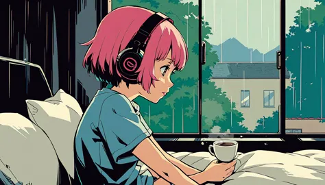 Lofi Song, sitting on the bed. looking at the window, having a coffee. listening to music on headphones, while looking out the w...