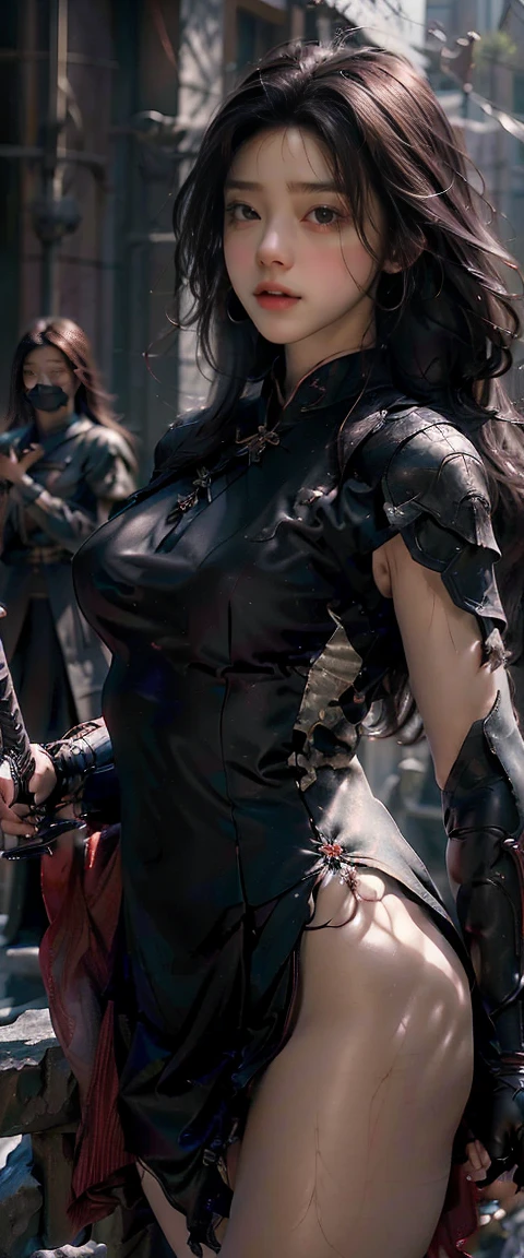 ((Masterpiece, Superior quality, high resolution, photorealistic, RAW, 8K Wallpaper)), A swordswoman dressed as a Chinese., Hero of the Three Kingdoms, (A large sword is held in both hands.), She has long black hair tied back., He wears iron armor and a red cape.., Surrounded by enemy soldiers with a burning city in the background.,