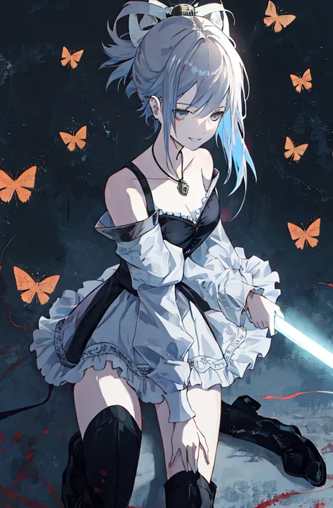  ((best quality)), ((masterpiece)), (detailed), 1girl, Character design, female, dynamic poses, ((long blue hair)), grey white e...