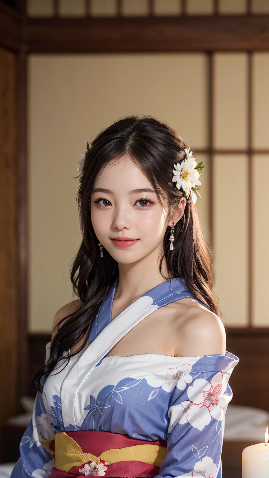 (One girl), Very cute face, Great face and eyes, (Highly detailed eyes, Highly detailed face), Fresh, Very beautiful appearance, (超Realisticな, High resolution), (Highest quality:1.4), RAW Photos, (Realistic, Photorealistic:1.37), Professional photography, (Floral Yukata:1.25), (Surprisingly large:1.1), (Open yukata), (Bare shoulders), Smile a little, (Look at me), Bedroom, Flower Screen, relax, (Bedroomは真っ暗だ:1.6), (The brightness of one candle:1.5), Focus on the girl,