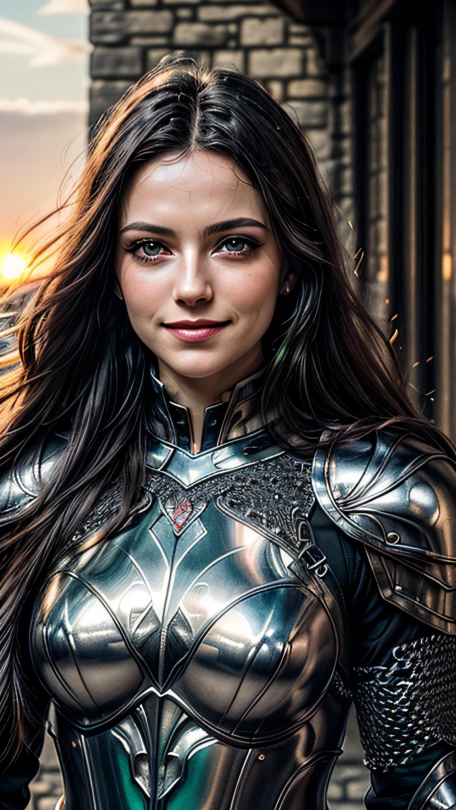 (masterpiece, photorealistic:1.4, extremely intricate:1.3), (photon mapping, radiosity, physically based rendering, ultra resolution, hyper-realistic, photorealistic:1.4, hyper-realistic, 8K), portrait of a muscular girl, ((Sumptuous armor from the late Renaissance, black chrome perfectchainmail armor:1.4, (long eyelashes), clear green eyes, smiling)), metal reflections, upper body, outdoors, intense sunlight, far away castle, professional photograph of a stunning woman, (long straight black hair, blowing, dynamic pose), sharp focus, dramatic, award winning, cinematic lighting, (film grain, bokeh, interaction, sunrise)