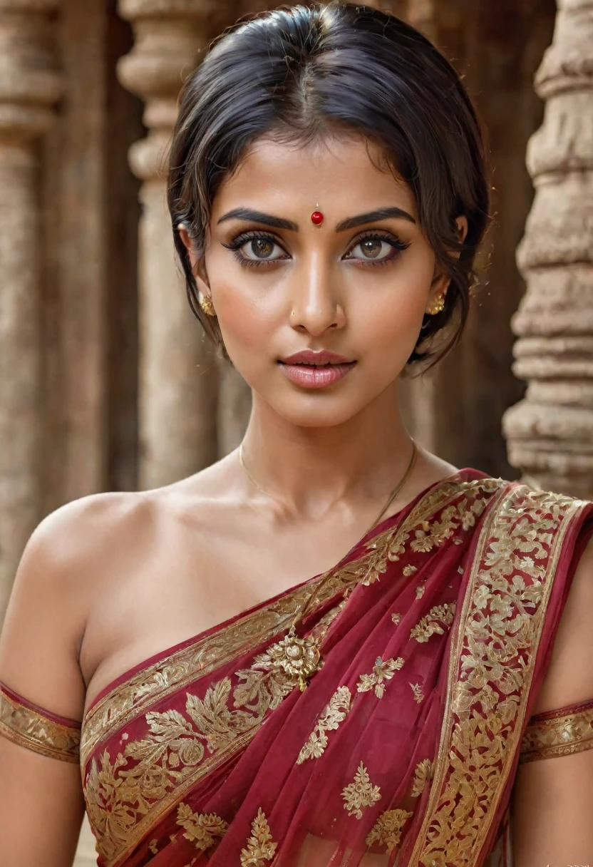 "(best quality,highres), Indian woman at temple, wearing transparent sari, beautiful detailed eyes and lips, short haircut, long eyelashes, realistic rendering, vibrant hues, high resolution, ultra-detailed, realistic rendering, high-resolution masterpiece, ", (woman's appearance is curved and attractive),




