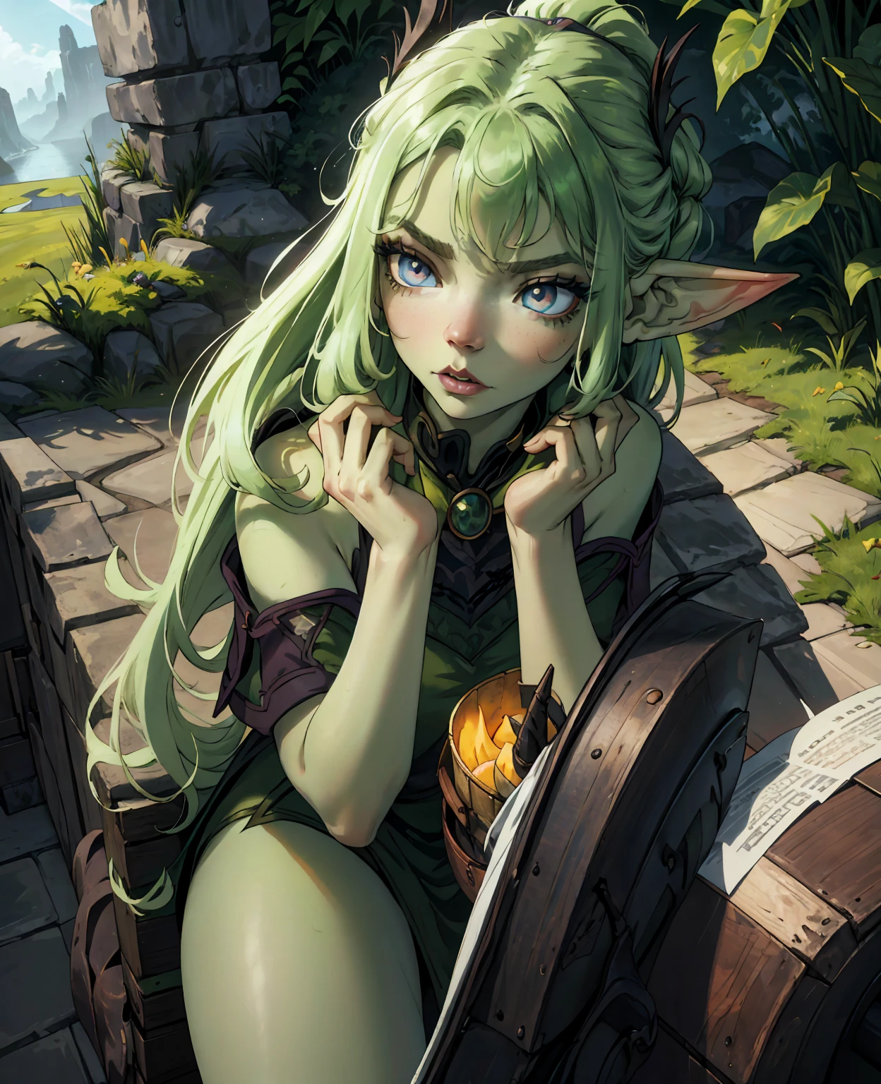 (Anya Taylor Joy as a goblin girl, 1girl, beautiful detailed eyes, beautiful detailed lips, extremely detailed face and features, long eyelashes, goblin, green skin, pointed ears, fantasy, intricate costume, detailed ornaments, magical, enchanted forest, lush foliage, sunlight filtering through leaves, warm color palette, cinematic lighting, dramatic shadows, high quality, 8k, photorealistic, masterpiece)