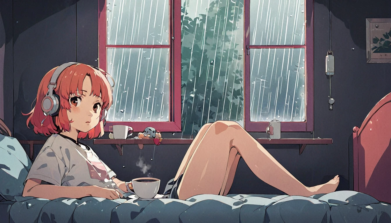 Lofi Song, sitting on the bed. looking at the window, having a coffee. listening to music on headphones, while looking out the window and seeing the rain falling