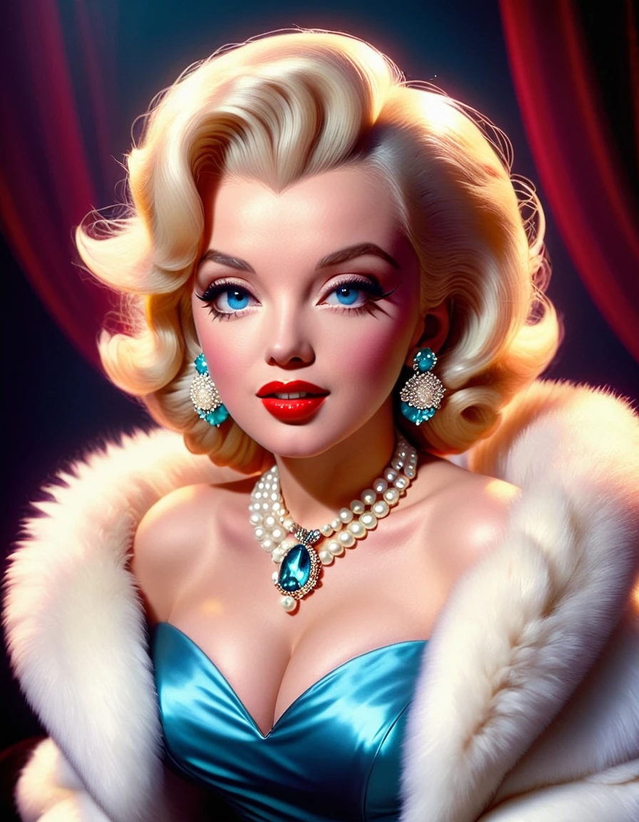 Eine fotorealistische Darstellung von Marilyn Monroe in einer glamourösen Pose, trägt eine Pelzstola und eine Perlenkette, strahlt klassische Hollywood-Eleganz aus. Hyperrealistisch, leuchtende Farben, 16k