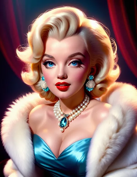 A photorealistic rendering of Marilyn Monroe in a glamorous pose, wearing a fur stole and pearl necklace, exuding classic Hollyw...