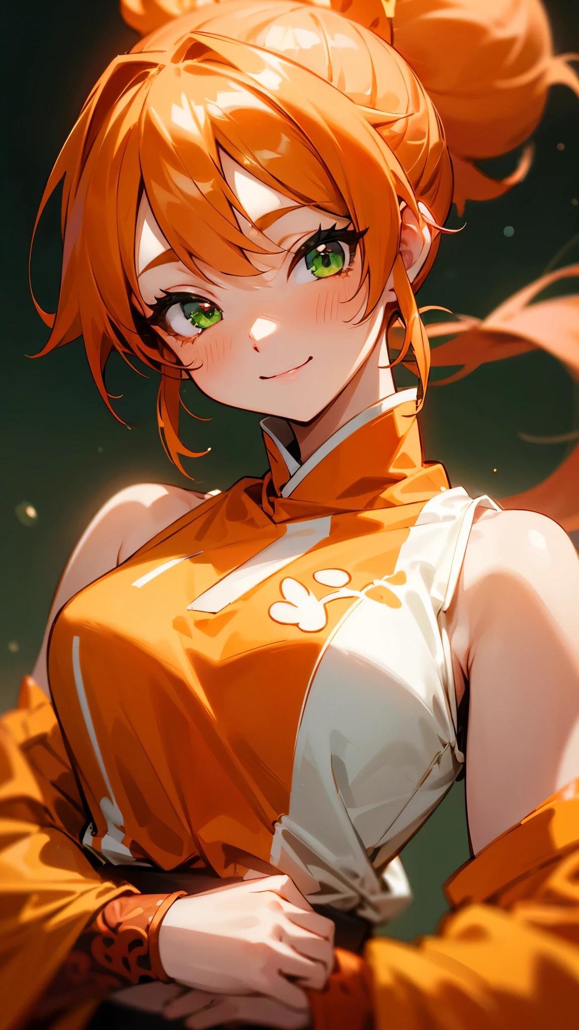 1 Girl、8K、Sharp focus、(Bokeh) (Highest quality) (Detailed skin:1.3) (Intricate details) (anime)、Orange clothes、Orange Hair、ponytail、Beautiful green eyes、Wicked Smile、Loincloth、Shrimp mascot、Upper body close-up