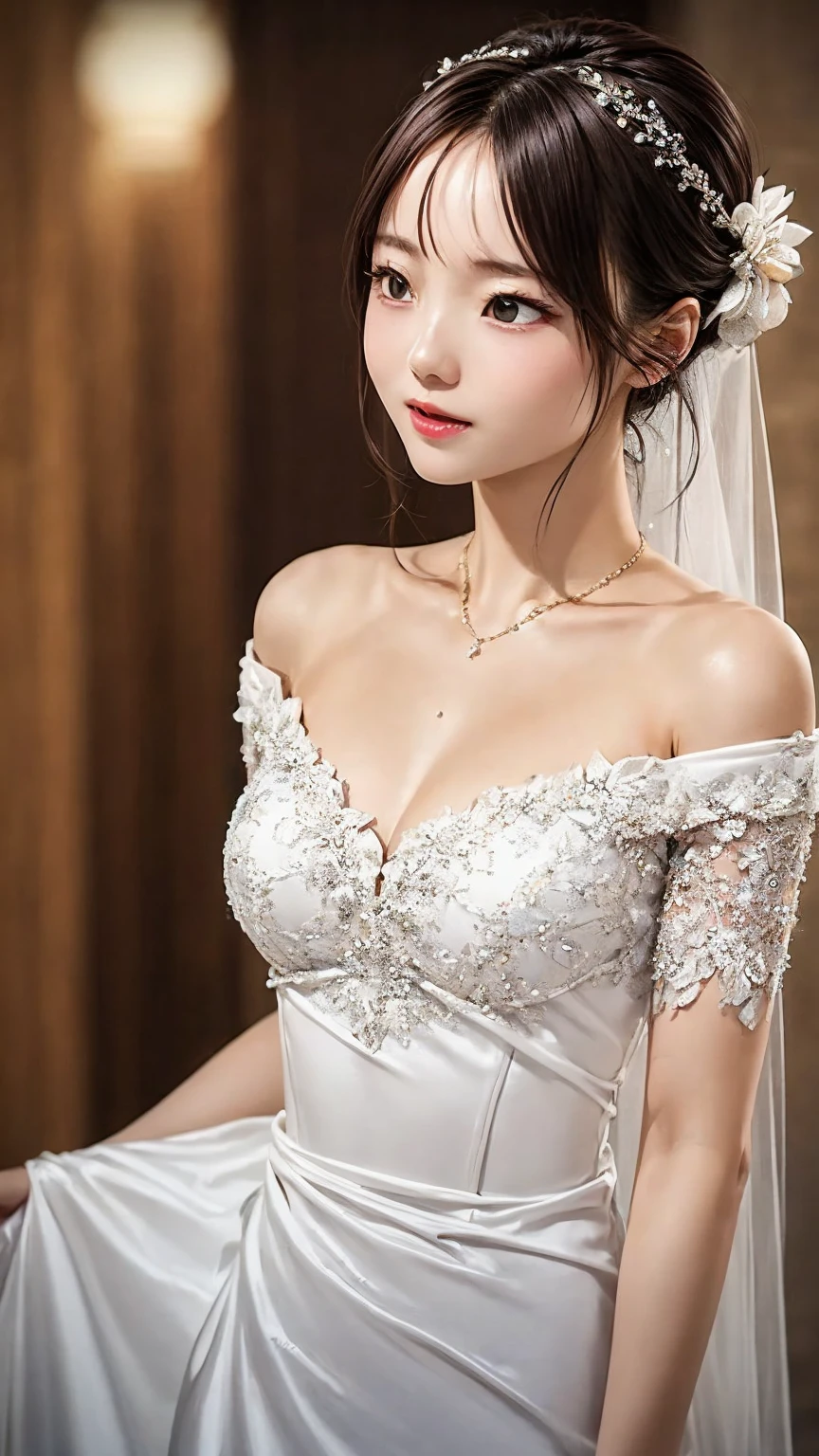 off-the-shoulder wedding dresses、Beautiful young wife、Super detailed、Particles of light:0.5、Shiny and smooth skin texture、First Night、Love each other、Beautiful clear eyes、Secret Love Affair、Sex、、Natural Texture、Short Hair、、Mature slender beauty、Small breasts、Dignified face、Love each other男と女、Nasty relationship、Place your hand on your chest、slouch