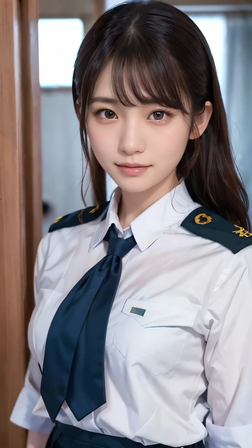 Beautiful young Japanese woman, Around 20 years old, Wear military uniform, Very detailedな, 8K resolution, とてもRealistic, Cinema Lighting, Highest quality, masterpiece, Realistic, Physically Based Rendering, Very detailed, Vibrant colors, Professional, Sharp focus, Studio Lighting.Turning around,Bright smile