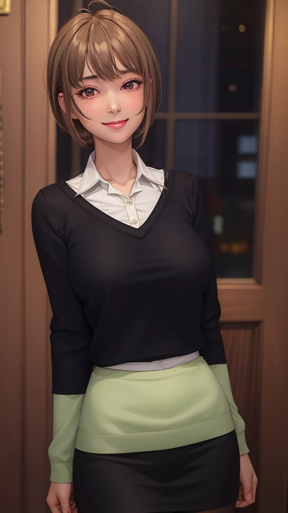 2D, masterpiece, highest quality, anime, highly detailed face, highly detailed eyes, highly detailed background, perfect lighting, whole body, 1 girl, alone, Harusaki Nodoka, collared shirt, Green sweater, black skirt, pantyhose, ID card, embarrassing, smile, Are standing, office 