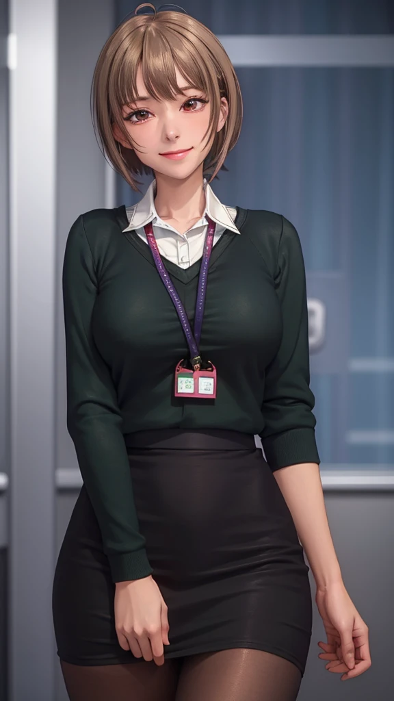 2D, masterpiece, highest quality, anime, highly detailed face, highly detailed eyes, highly detailed background, perfect lighting, whole body, 1 girl, alone, Harusaki Nodoka, collared shirt, Green sweater, black skirt, pantyhose, ID card, embarrassing, smile, Are standing, office 
