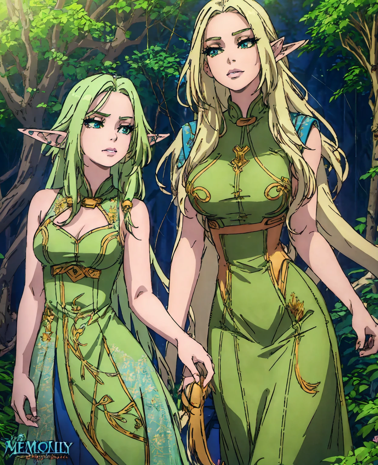 a beautiful female elf with long blonde hair, piercing blue eyes, delicate features, pointed ears, wearing an elegant green dress with intricate floral embroidery, standing in a lush forest setting with sunlight filtering through the trees, detailed facial features, exquisite lighting, cinematic composition, highly detailed, digital art, fantasy, concept art, vibrant colors, photorealistic