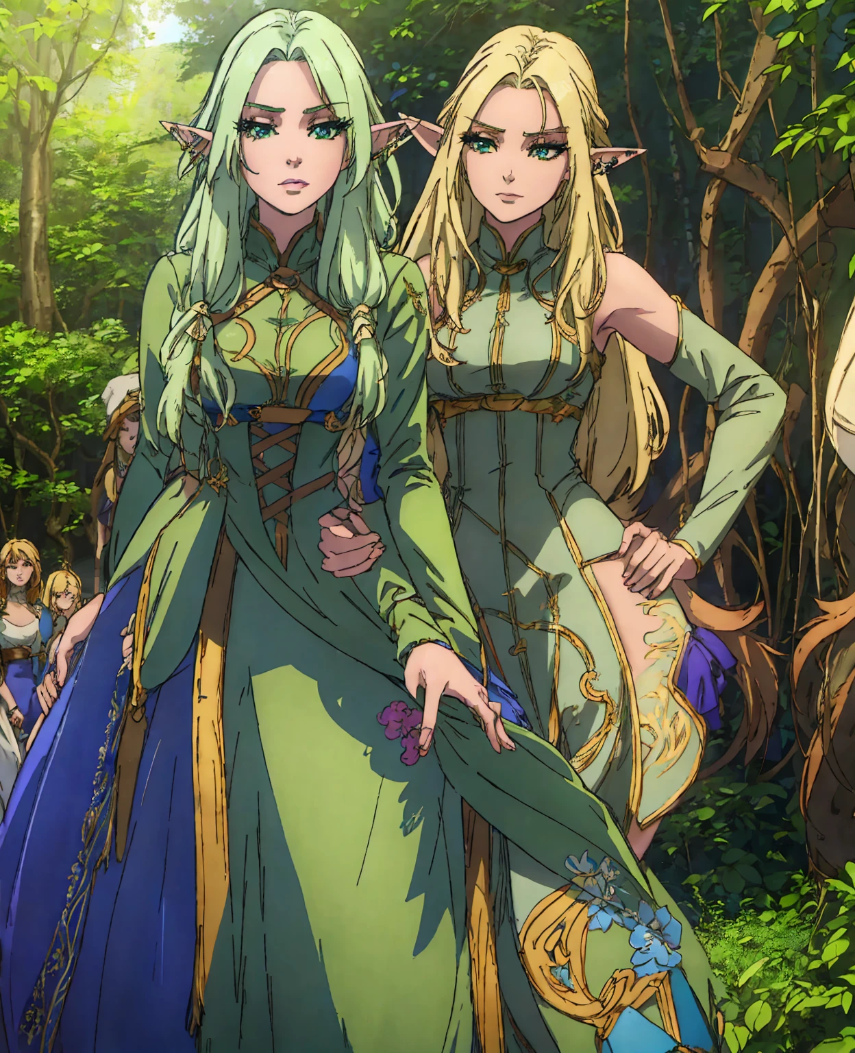 a beautiful female elf with long blonde hair, piercing blue eyes, delicate features, pointed ears, wearing an elegant green dress with intricate floral embroidery, standing in a lush forest setting with sunlight filtering through the trees, detailed facial features, exquisite lighting, cinematic composition, highly detailed, digital art, fantasy, concept art, vibrant colors, photorealistic