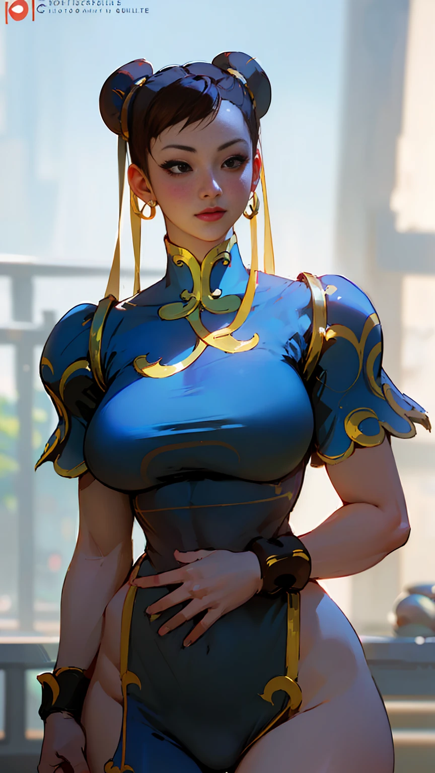 ((Photorealistic, realistic, ultra-detailed, oficial, best quality)), a woman ((beautiful, 18 years old, chun-li, big breasts, sexy girl)), blue sex lingerie with gold details , thick thighs, thighs