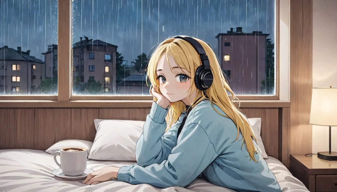 Lofi Song, sitting on the bed. looking at the window, having a coffee. listening to music on headphones, while looking out the window and seeing the rain falling