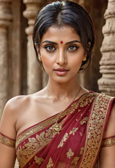 "(best qualityer,high resolution), Indian woman in temple, wearing transparent sari, Beautiful eyes and detailed lips, shorth ha...