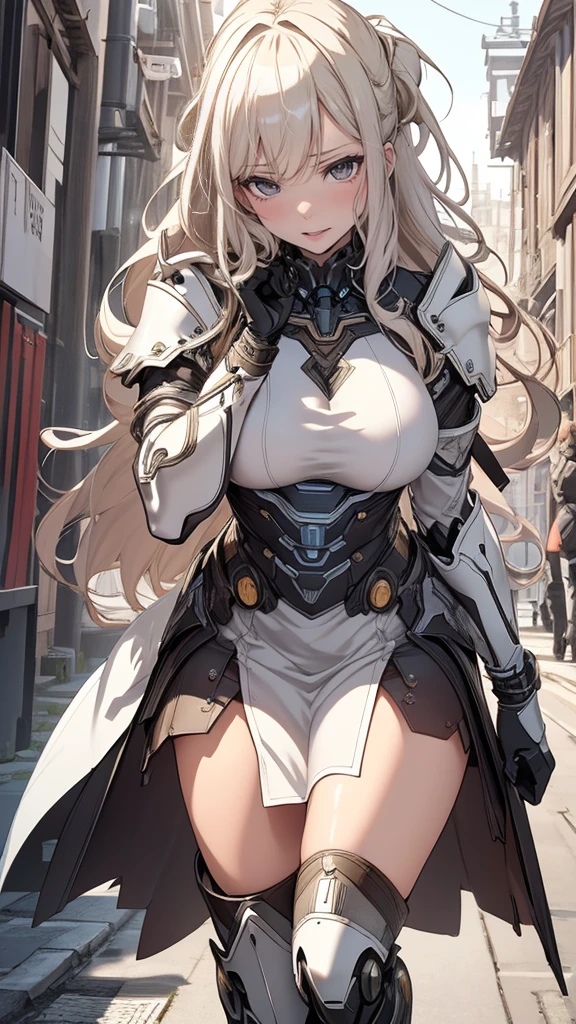 (dynamic fighting pose),(leather boots,(asymmetrical mecha armor),(long embroidered white lace dress,see through,lift up the hem of the dress)),(random hairstyle),(Thin type:1.8),(large breasts),(Highest image quality,(8K), Ultra-realistic, Best Quality, High quality, High Definition, high quality texture, high detailing, Beautiful detailed, fine detailed, extremely details CG, Detailed texture, realistic representation of face, masterpiece, presence)