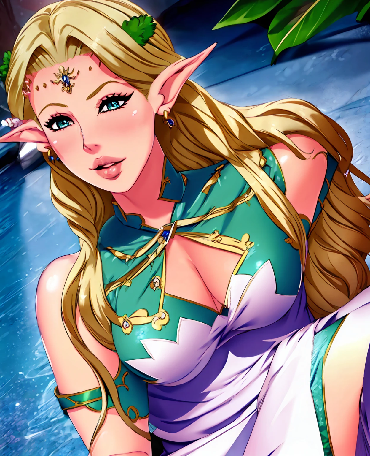 a beautiful elf woman with long flowing hair, porcelain skin, delicate features, (girl,1girl),realistic, photorealistic, highly detailed, masterpiece, 8k, (detailed facial features:1.2), (detailed eyes:1.3), (detailed lips:1.3), long eyelashes, high fashion, gorgeous detailed dress, mystical forest, (detailed background:1.1), glowing soft lighting, dramatic lighting, cinematic, fantasy, magical