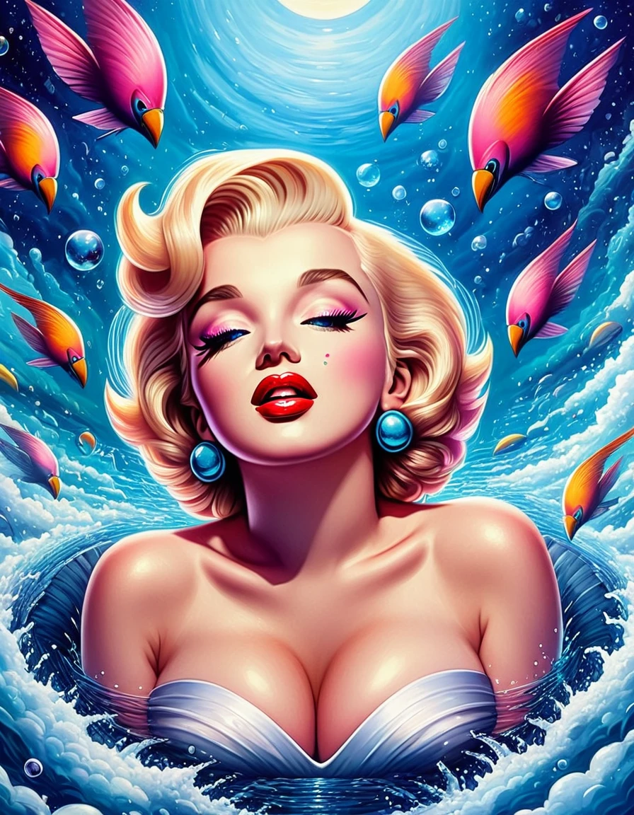 A surrealist painting of Marilyn Monroe, with dreamlike elements and imaginative, otherworldly details. Hyper-realistic, vibrant colors, 16k