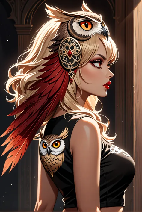 3/4 view, Woman Sakura + Pamela Anderson sexy big ass wearing an (owl headdress), looking away, [Surrealism | Pop Surrealism | L...