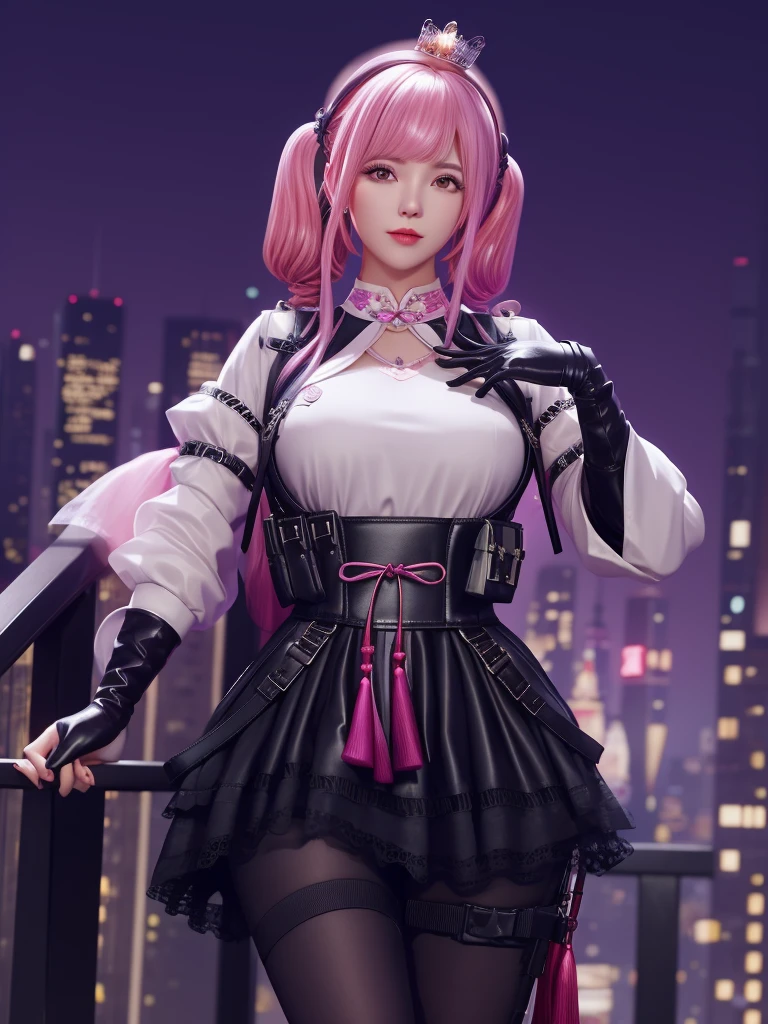 CFguanxiaoyuLHWZ, 1girl, solo, black pantyhose, bangs, looking at viewer, breasts, pink hair, elbow gloves, twintails, tassel, white shirt, lips, medium breasts, high-waist skirt,flower,crown, cityscape, night, mature female,