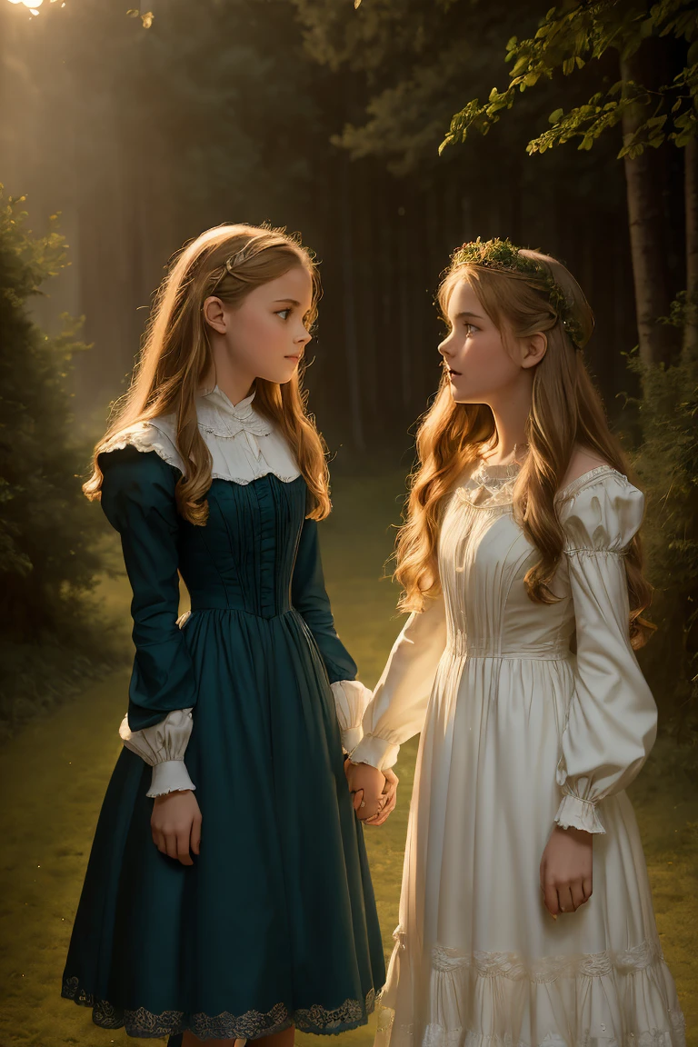 wide angle, detailed reproduction of a forest surrounded by fog up to a height of one meter. clear starry sky with a big full moon, bare trees, winter, two girls, (Virginia Otis, 15 years old (blond hair, blue eyes)) pose with (16 years old Georgie Gerald (blond hair, green eyes)). Victorian style. thin, cute face, walks at night in Canterville Castle (inspired by the novel The Canterville Ghost). aged 1887, Victorian fantasy
