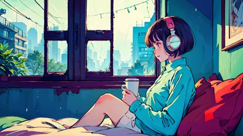 Lofi Song, sitting on the bed. looking at the window, having a coffee. listening to music on headphones, while looking out the w...